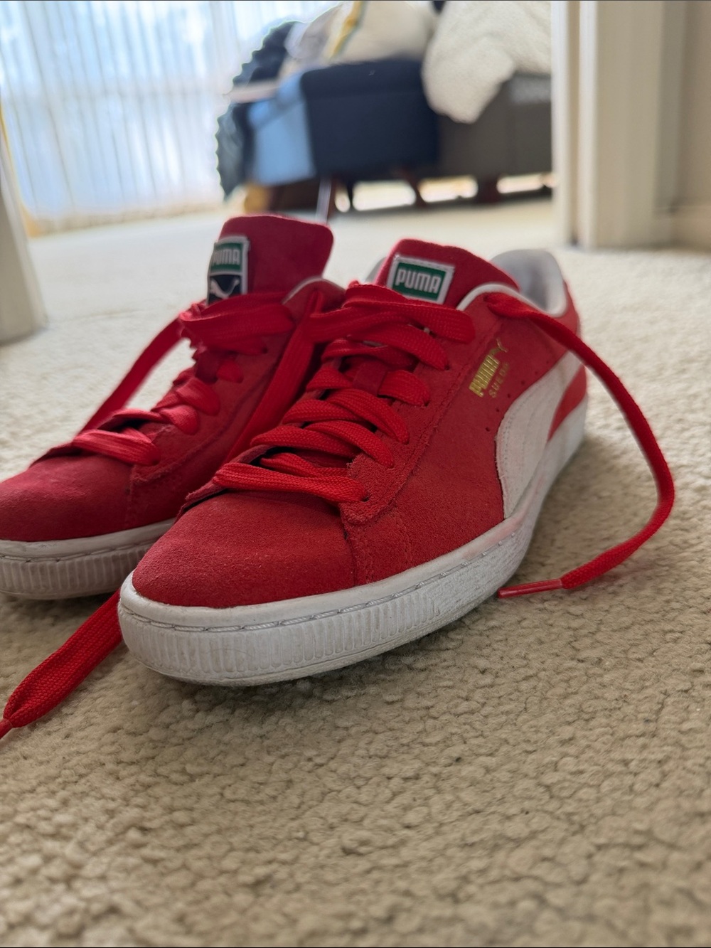 Puma Suede Low-Top Sneakers in Red and White with Gold Accents